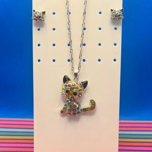 NWOT - Multi-Colored Rhinestone Kitty Necklace AND Earrings!!!!